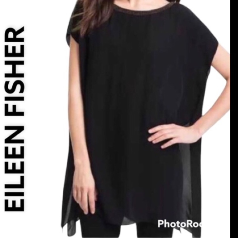 Eileen Fisher Silk Top Blouse Tunic Boxy Black Beaded Trim Sleeveless Medium